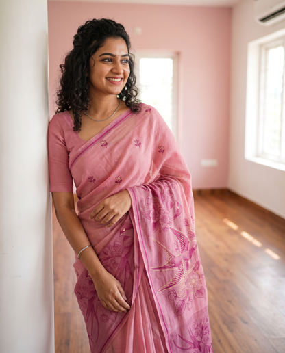 Women's Pure Linen Cotton Floral Embroidered Saree with Unstitched Blouse Piece.