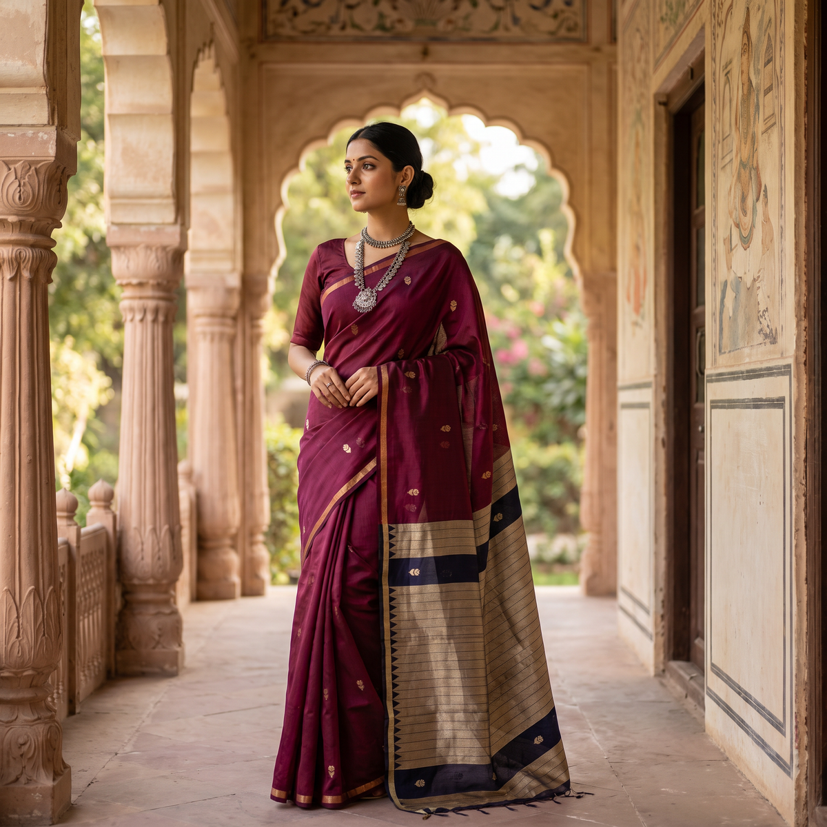 Women's Traditional Chanderi Cotton Linen Blend Saree with Zari Woven Border & Unstitched Blouse Piece.