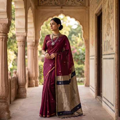 Women's Traditional Chanderi Cotton Linen Blend Saree with Zari Woven Border & Unstitched Blouse Piece.