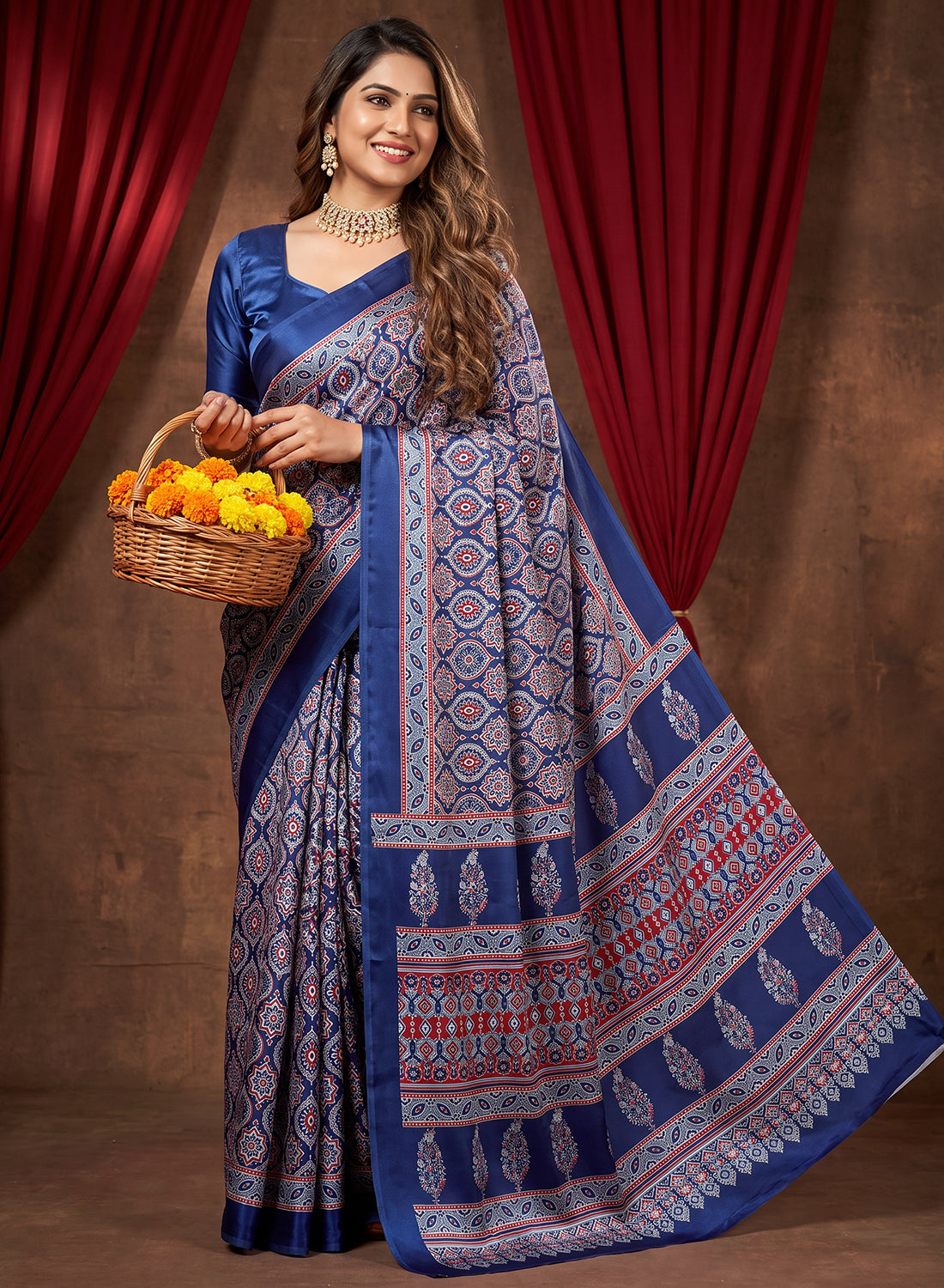 Women's Traditional Floral Block Printed Art Silk Saree with Unstitched Blouse Piece.
