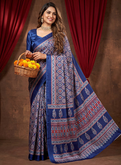 Women's Traditional Floral Block Printed Art Silk Saree with Unstitched Blouse Piece.
