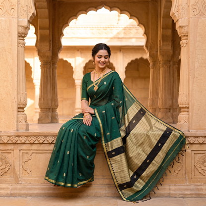 Women's Traditional Chanderi Cotton Linen Blend Saree with Zari Woven Border & Unstitched Blouse Piece.