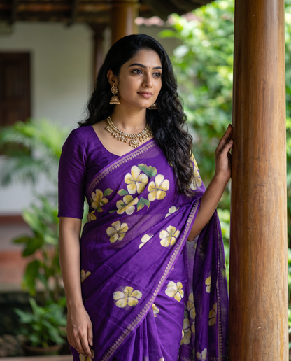 Women's Floral Hand Printed Dull Moss Saree with Unstitched Blouse Piece.