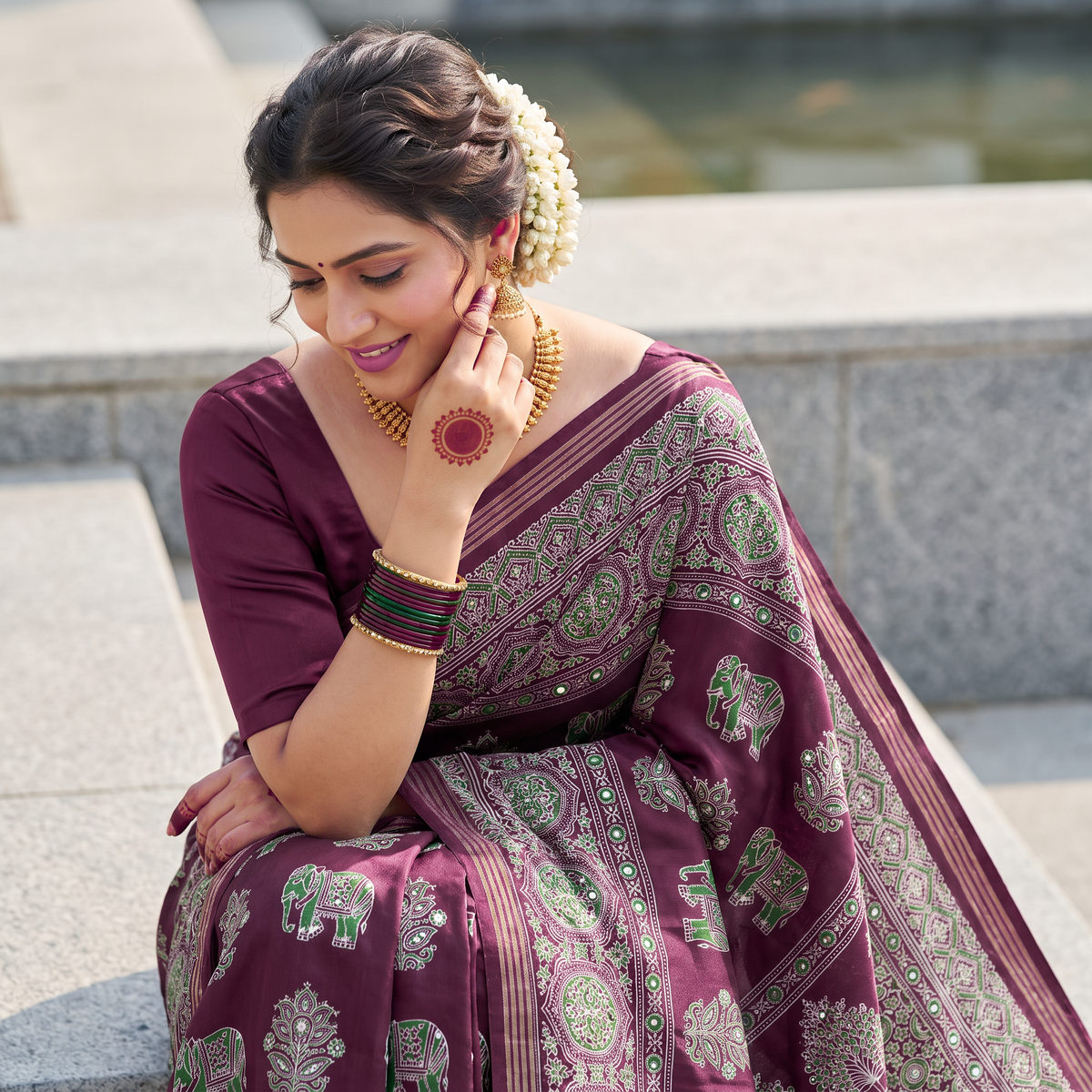 Shri Hari Sarees Women's Ethnic Ajrakh Mirror Printed Art Silk Saree with Unstitched Blouse Piece.