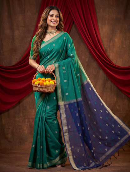 Women's Maheshwari Cotton Blend Woven Zari Saree with Unstitched Blouse Piece.