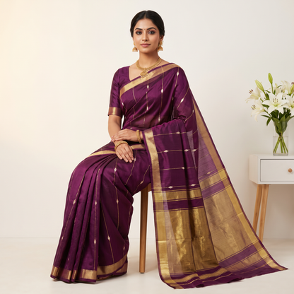 Women's Zari Maheshswari Cotton Blend Zari Woven Saree with Unstitched Blouse Piece.