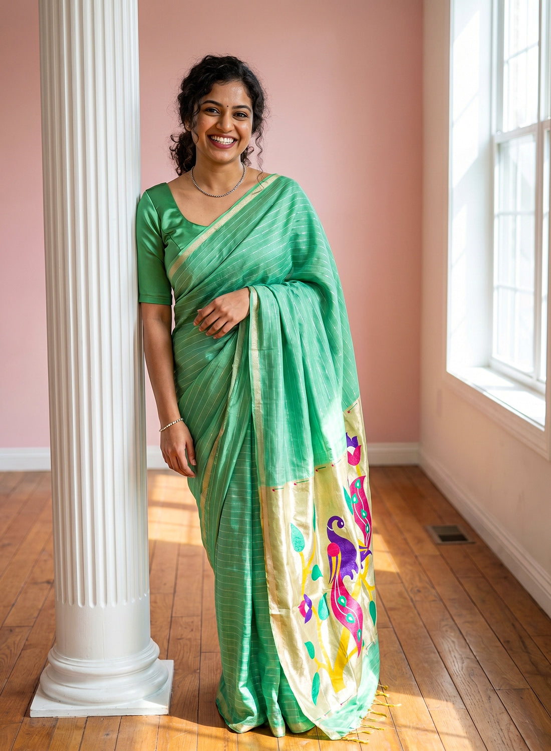 Women's Paithani Style Woven Linen Cotton Saree with Unstitched Blouse Piece.