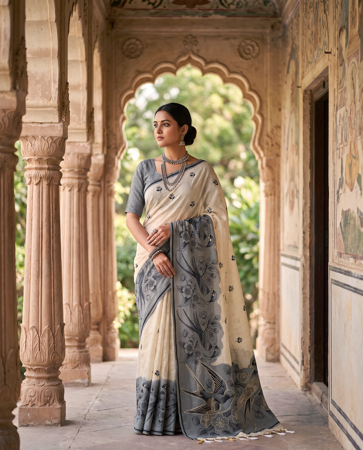Women's Pure Linen Cotton Floral Embroidered Saree with Unstitched Blouse Piece.