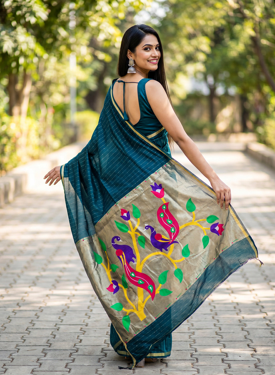 Women's Paithani Style Woven Linen Cotton Saree with Unstitched Blouse Piece.