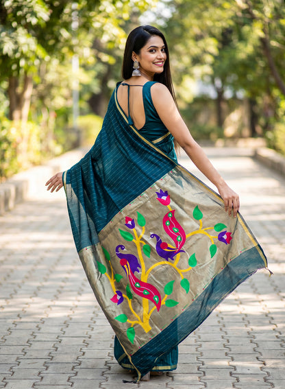 Women's Paithani Style Woven Linen Cotton Saree with Unstitched Blouse Piece.