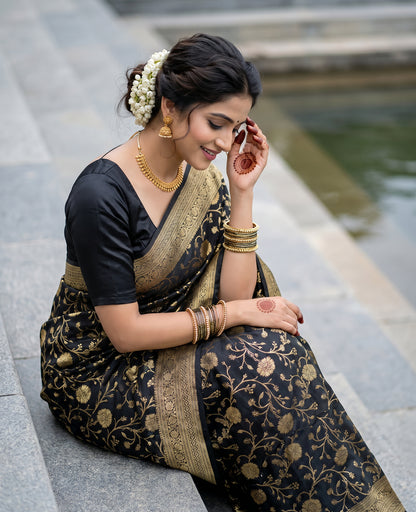 Women's Woven Banarasi Art Silk Saree with Unstitched Blouse Piece.