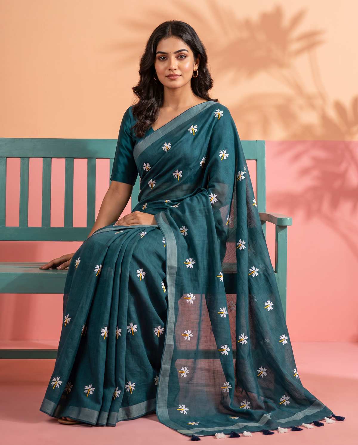 Women's Pure Linen Cotton Floral Embroidered Saree with Unstitched Blouse Piece.