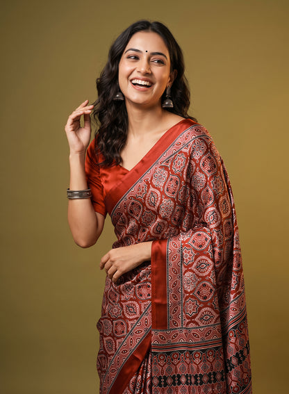 Women's Traditional Floral Block Printed Art Silk Saree with Unstitched Blouse Piece.