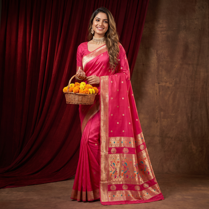 Banarasi Soft Silk Saree Festive Woven Jacquard Zari Border Sarees with Unstitched Blouse Piece.
