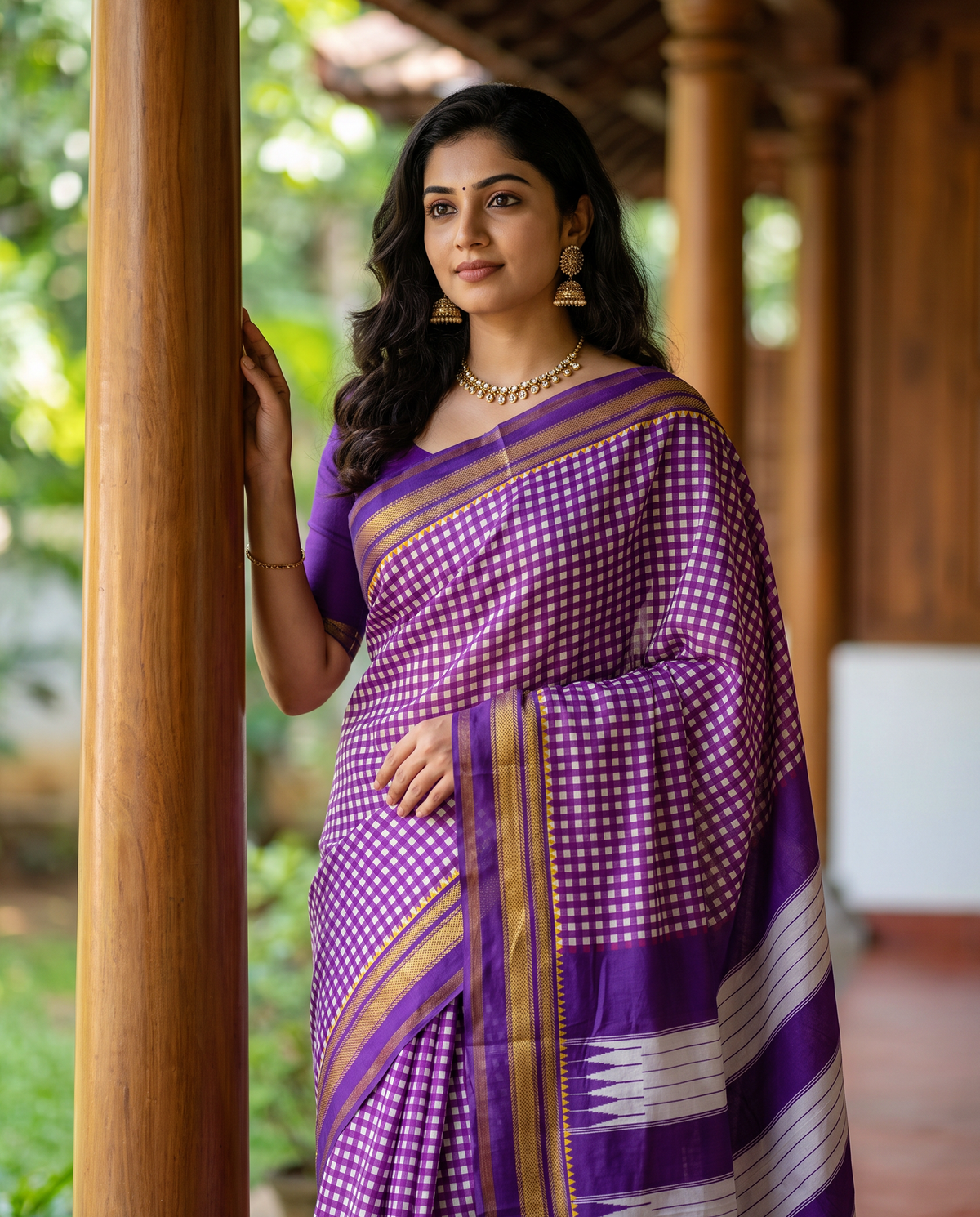 Women's Synthetic Silk Blend Checked Saree with Contrast Border & Unstitched Blouse Piece.