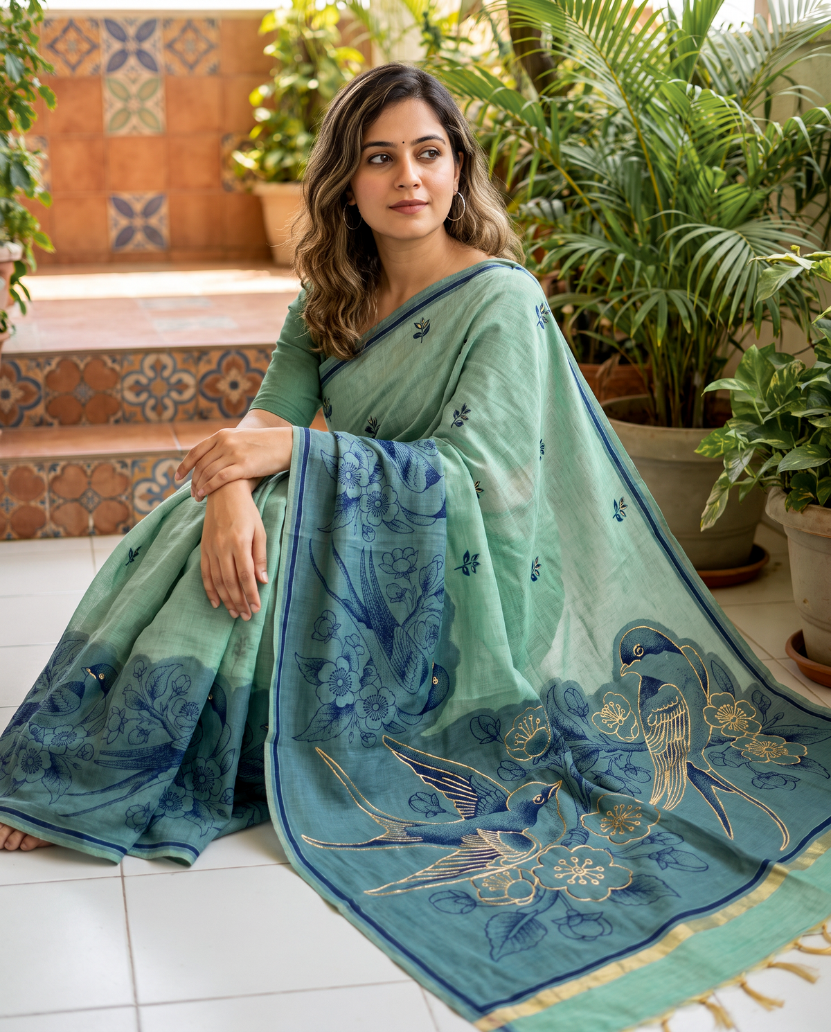 Women's Pure Linen Cotton Floral Embroidered Saree with Unstitched Blouse Piece.