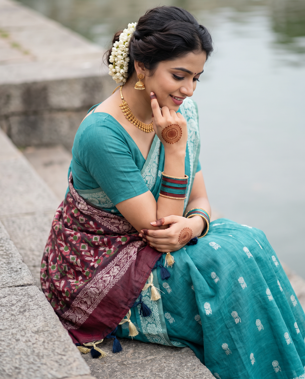 Women's Woven Design Linen Cotton Blend Saree with Unstitched Blouse Piece.