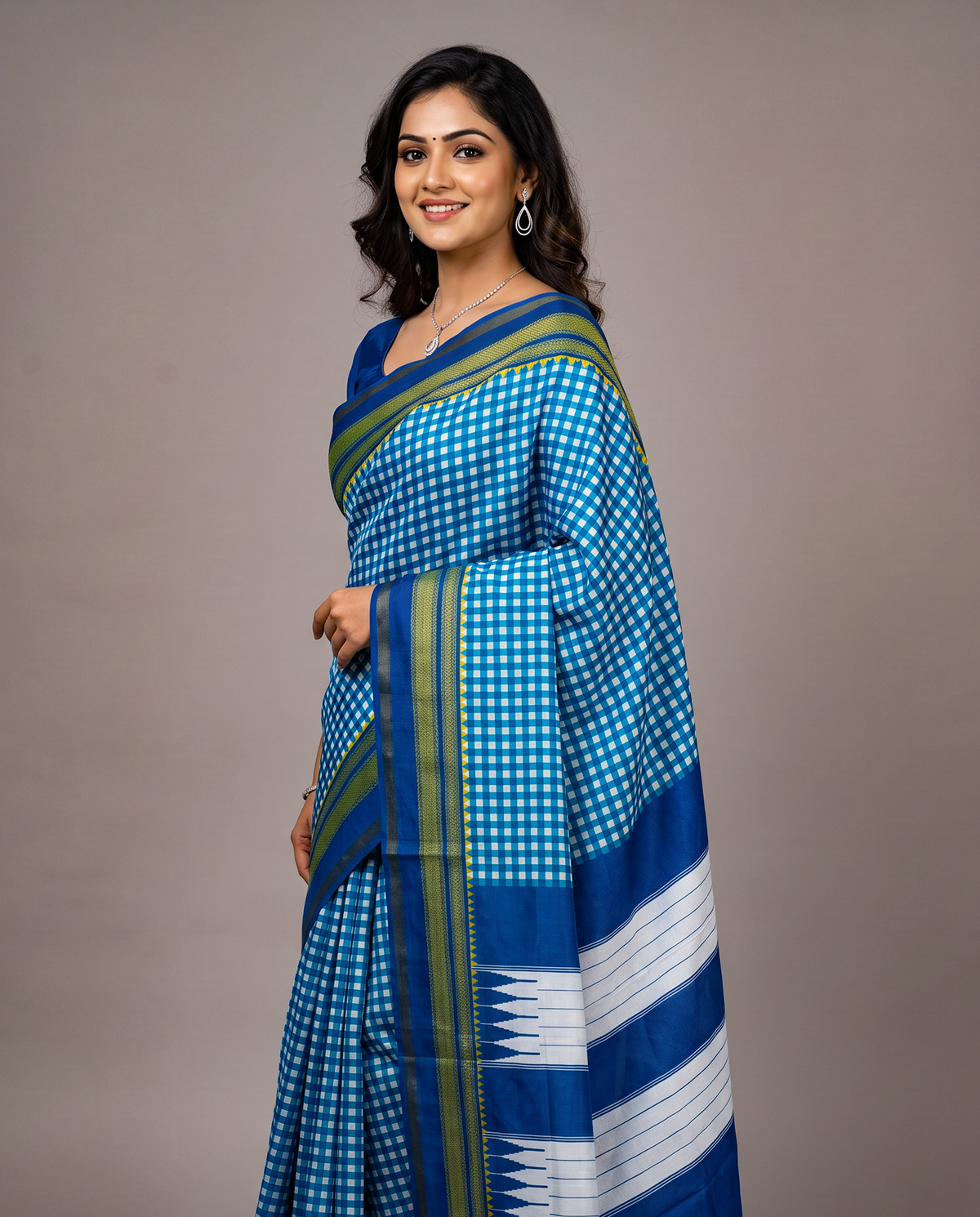 Women's Synthetic Silk Blend Checked Saree with Contrast Border & Unstitched Blouse Piece.