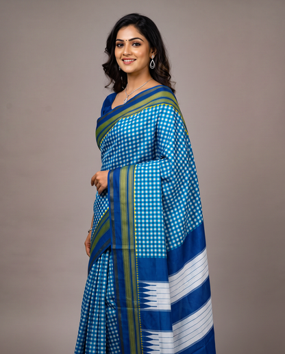 Women's Synthetic Silk Blend Checked Saree with Contrast Border & Unstitched Blouse Piece.