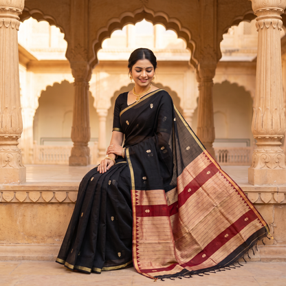 Women's Traditional Chanderi Cotton Linen Blend Saree with Zari Woven Border & Unstitched Blouse Piece.
