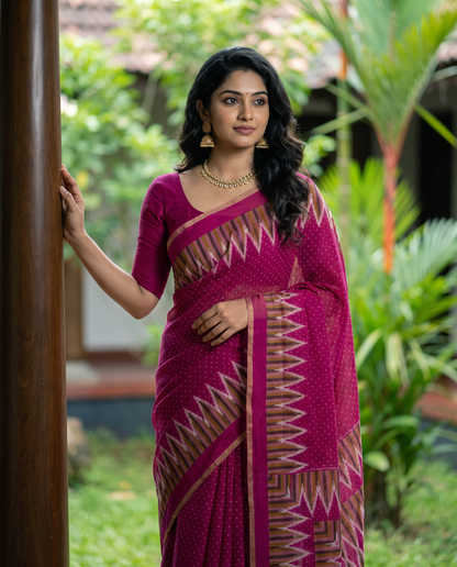 Women's Cotton Blend Ikat Print Saree with Unstitched Blouse Piece.