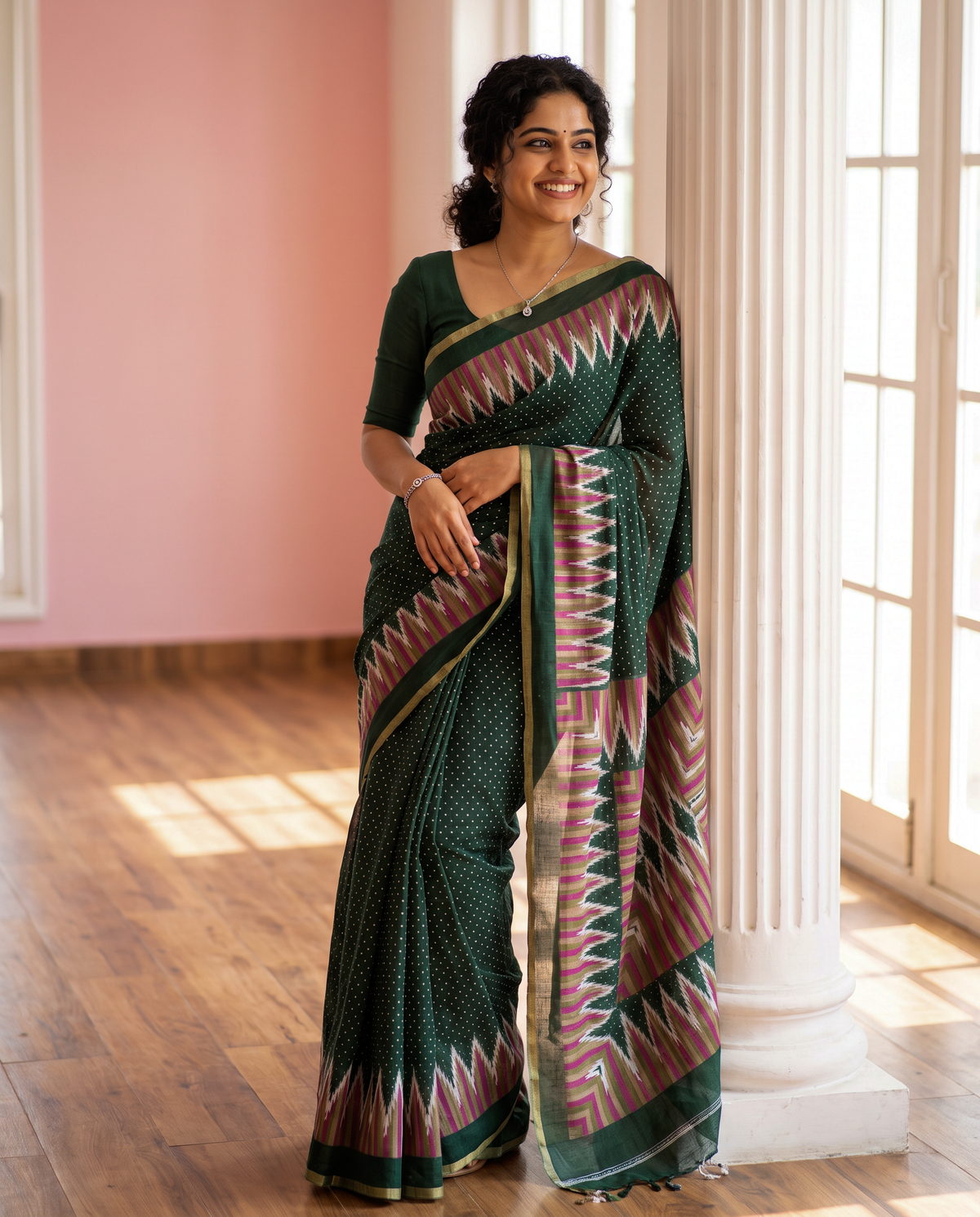 Women's Cotton Blend Ikat Print Saree with Unstitched Blouse Piece.