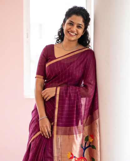 Women's Paithani Silk Blend Saree with Zari Woven Striped Lines and Peacock Floral Pallu including Unstitched Blouse Piece.