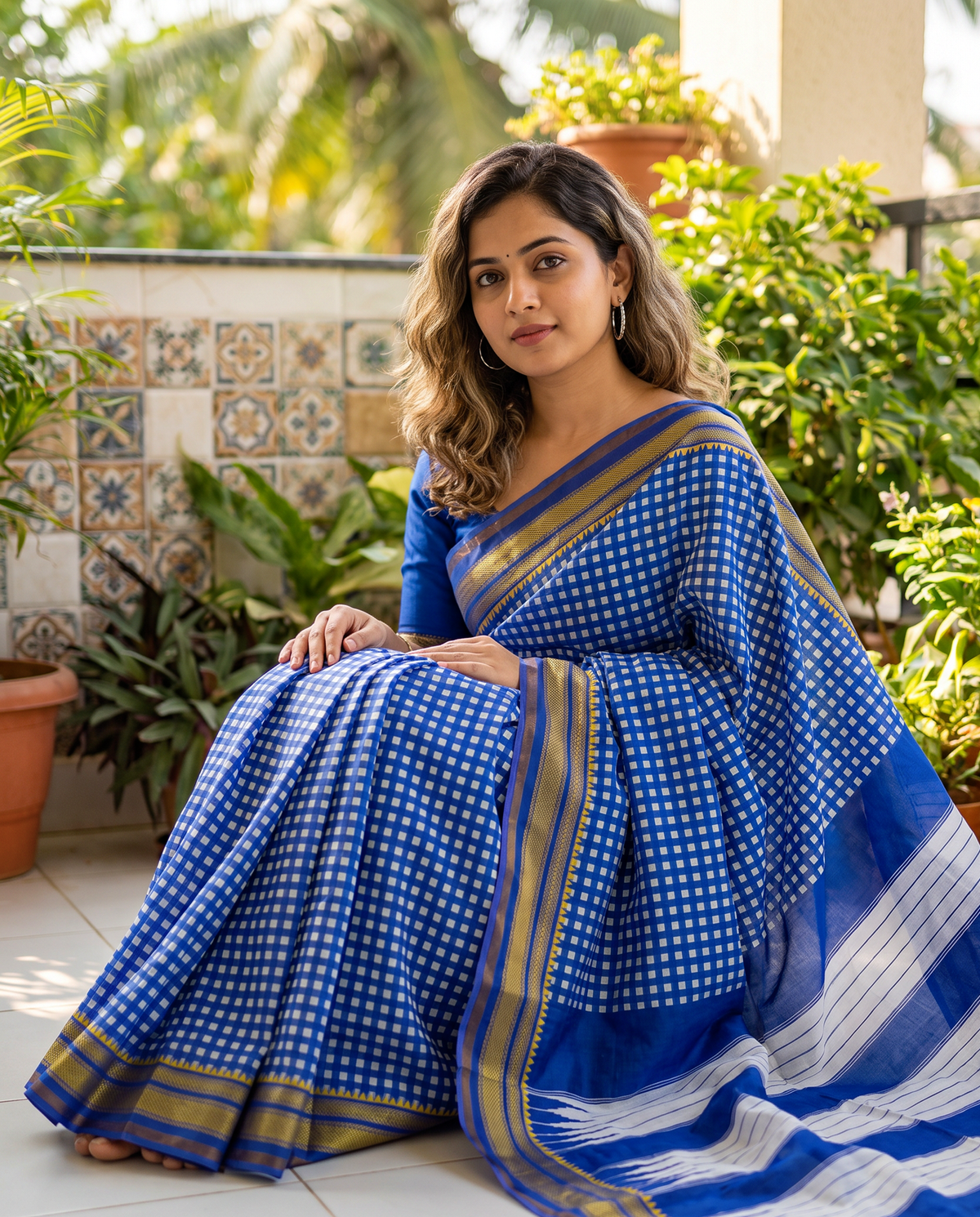 Women's Synthetic Silk Blend Checked Saree with Contrast Border & Unstitched Blouse Piece.