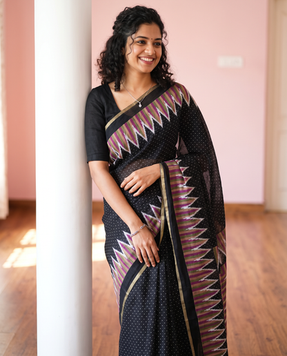 Women's Cotton Blend Ikat Print Saree with Unstitched Blouse Piece.