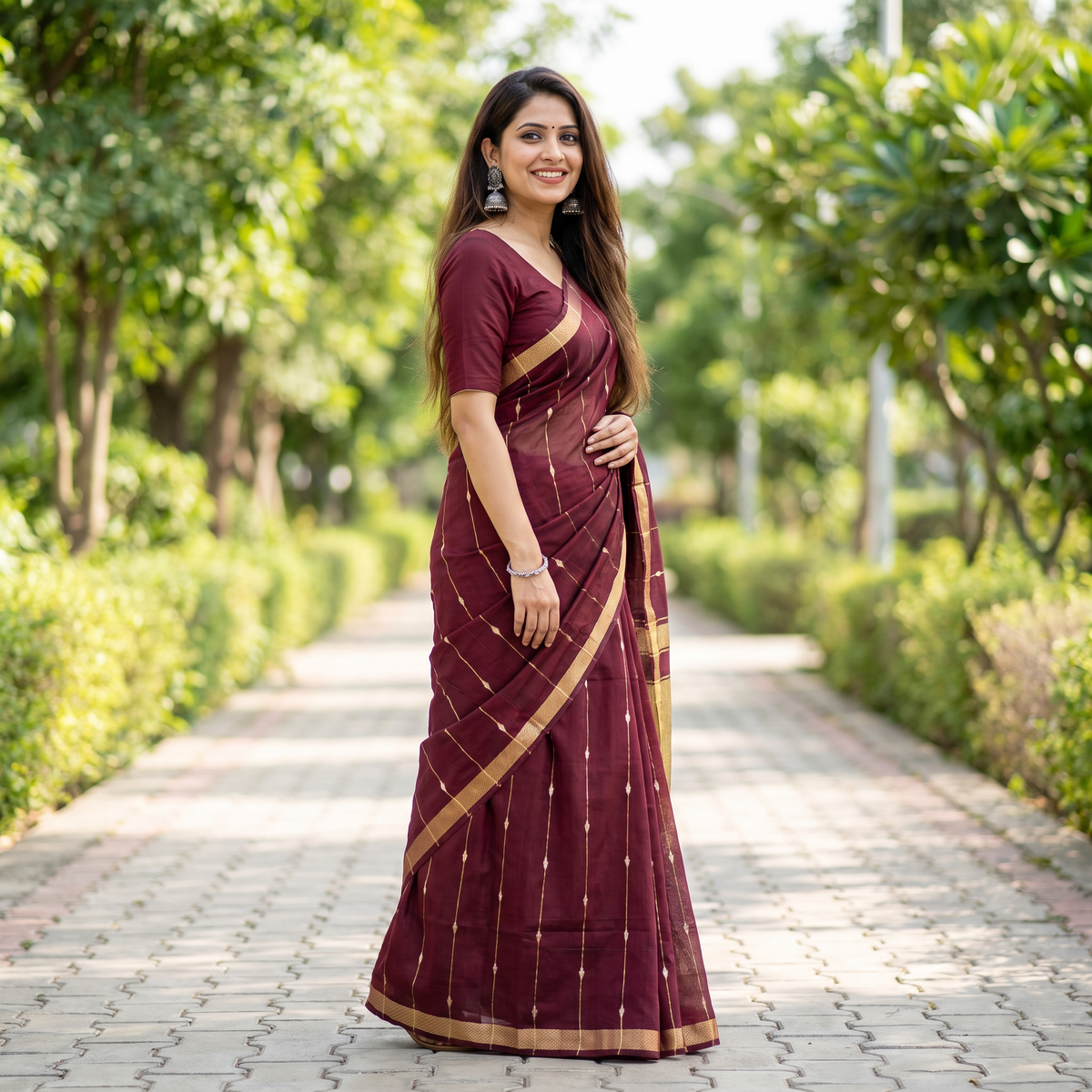 Women's Zari Maheshswari Cotton Blend Zari Woven Saree with Unstitched Blouse Piece.