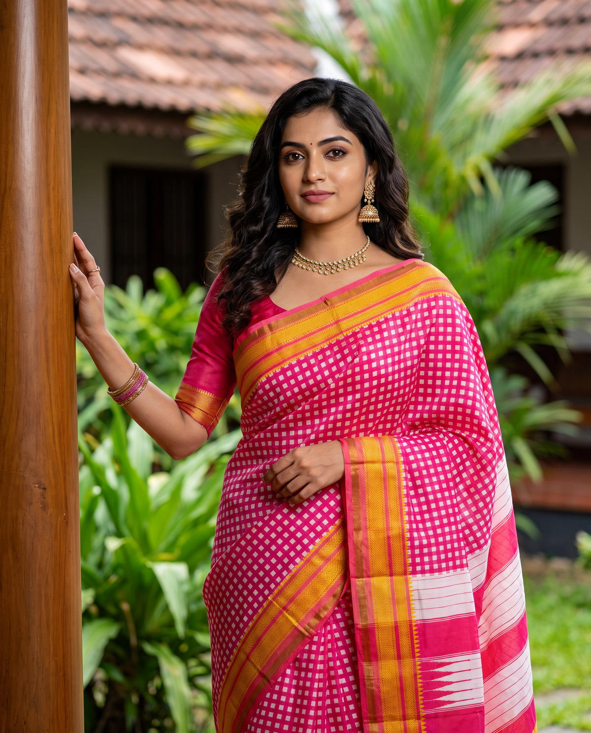 Women's Synthetic Silk Blend Checked Saree with Contrast Border & Unstitched Blouse Piece.