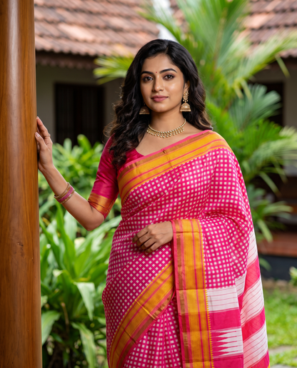 Women's Synthetic Silk Blend Checked Saree with Contrast Border & Unstitched Blouse Piece.