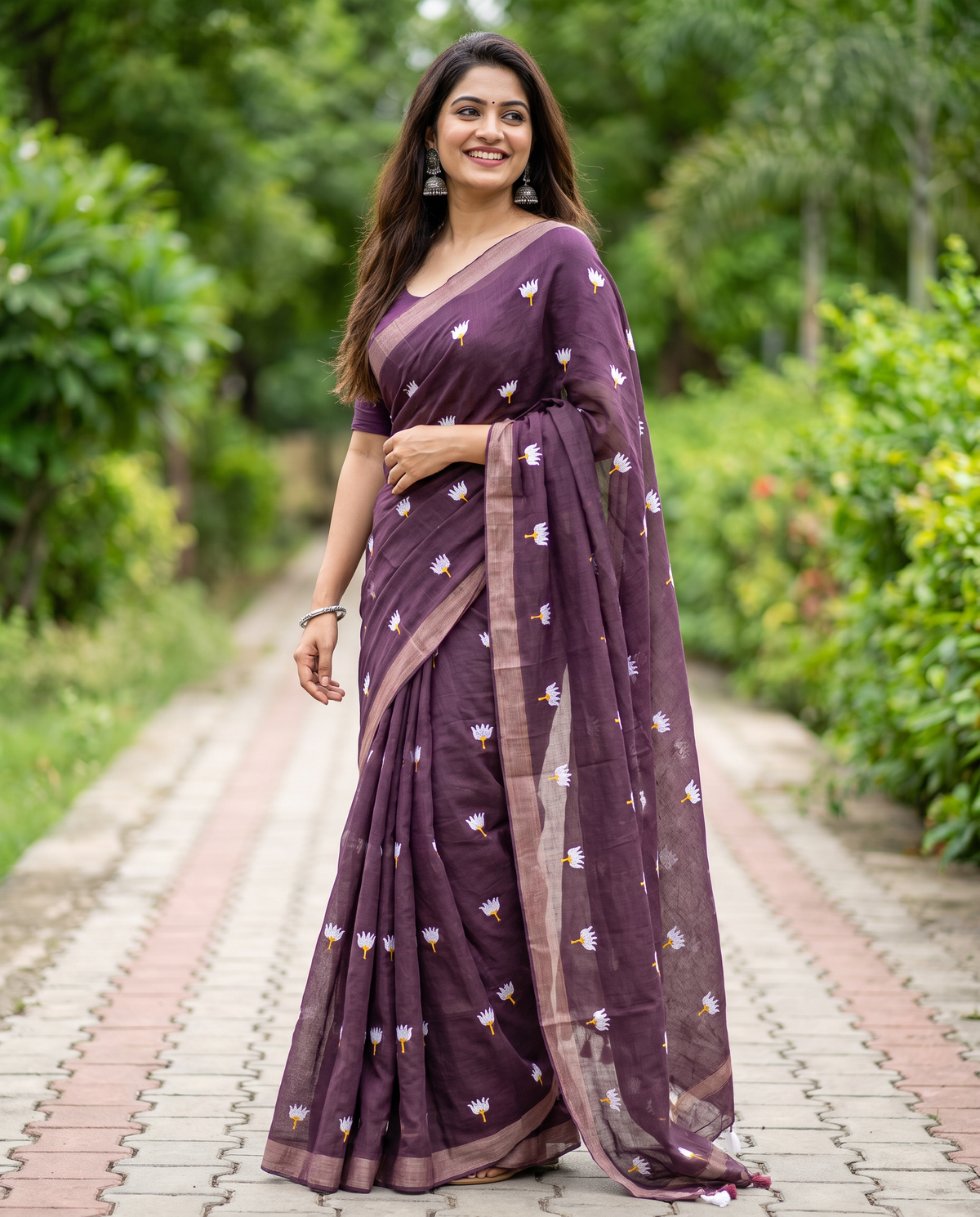 Women's Pure Linen Cotton Floral Embroidered Saree with Unstitched Blouse Piece.