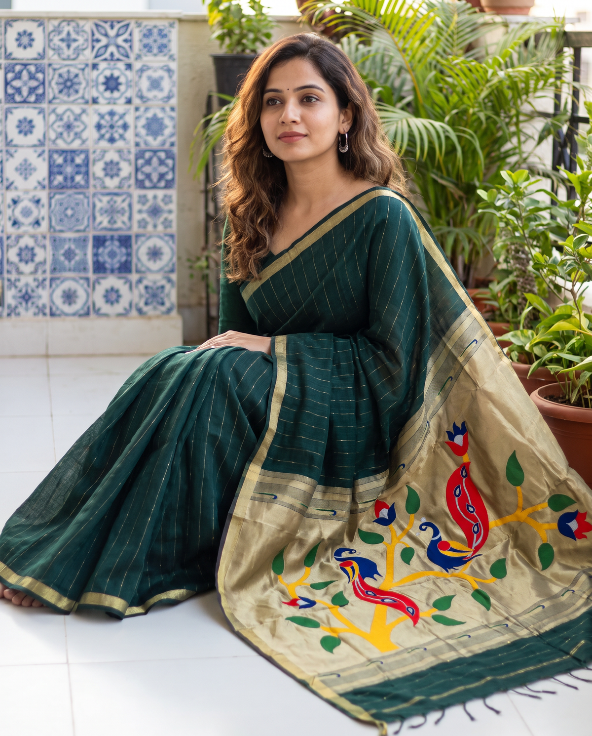 Women's Paithani Silk Blend Saree with Zari Woven Striped Lines and Peacock Floral Pallu including Unstitched Blouse Piece.