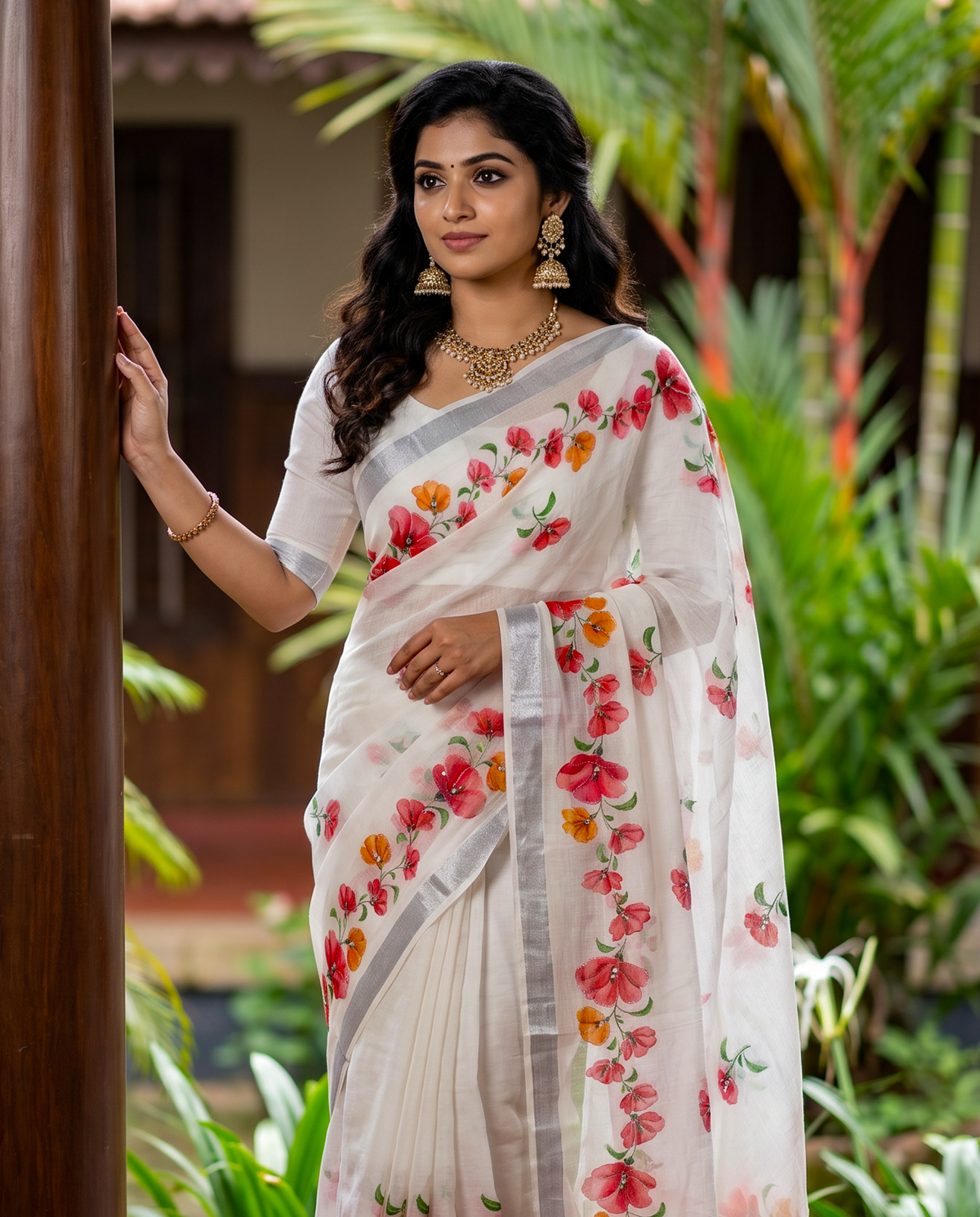 Women's Cotton Linen Blend Floral Printed Saree with Silver Zari Border & Unstitched Blouse Piece.
