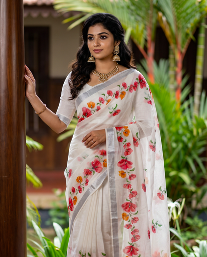 Women's Cotton Linen Blend Floral Printed Saree with Silver Zari Border & Unstitched Blouse Piece.
