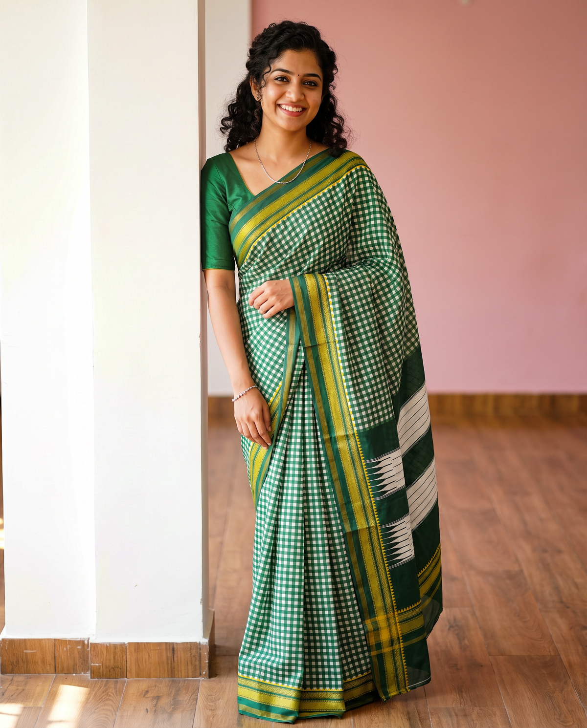Women's Synthetic Silk Blend Checked Saree with Contrast Border & Unstitched Blouse Piece.