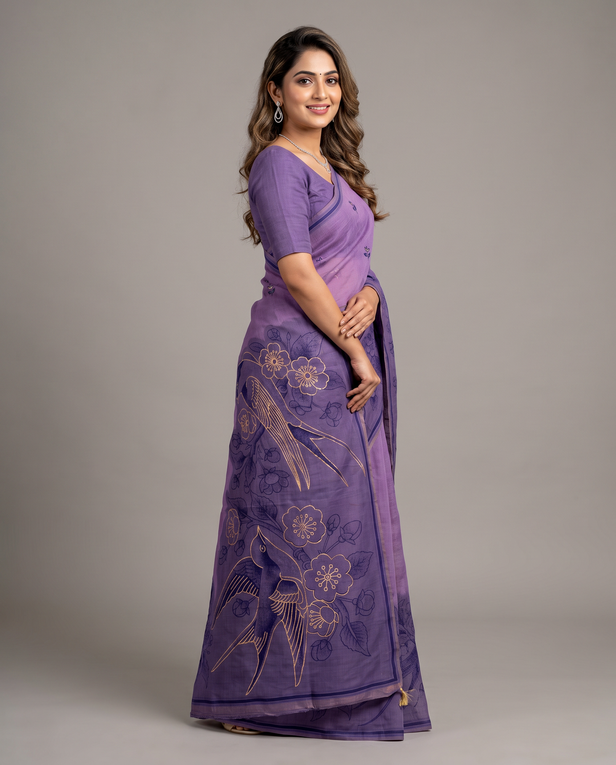 Women's Pure Linen Cotton Floral Embroidered Saree with Unstitched Blouse Piece.