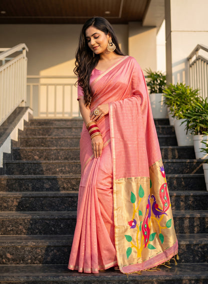 Women's Paithani Style Woven Linen Cotton Saree with Unstitched Blouse Piece.