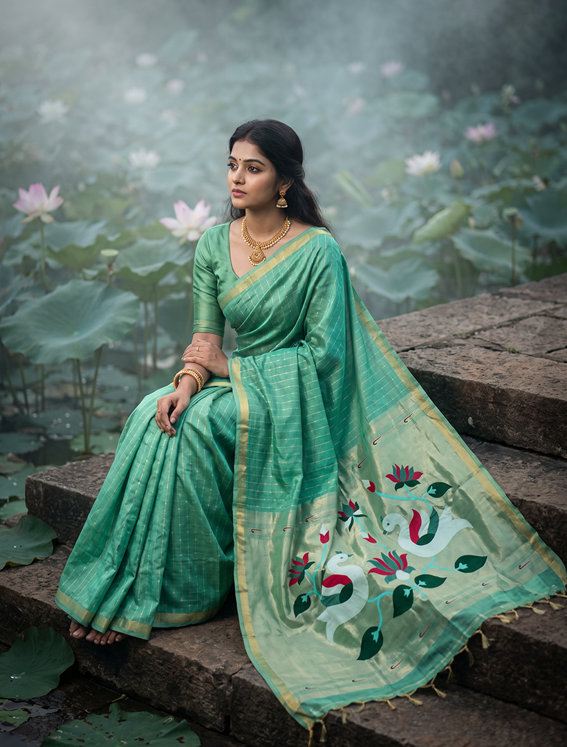 Women's Paithani Silk Saree with Unstitched Blouse Piece.