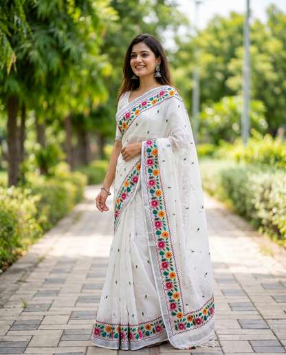 Women's Cotton Linen Blend Floral Printed Saree with Silver Zari Border & Unstitched Blouse Piece.