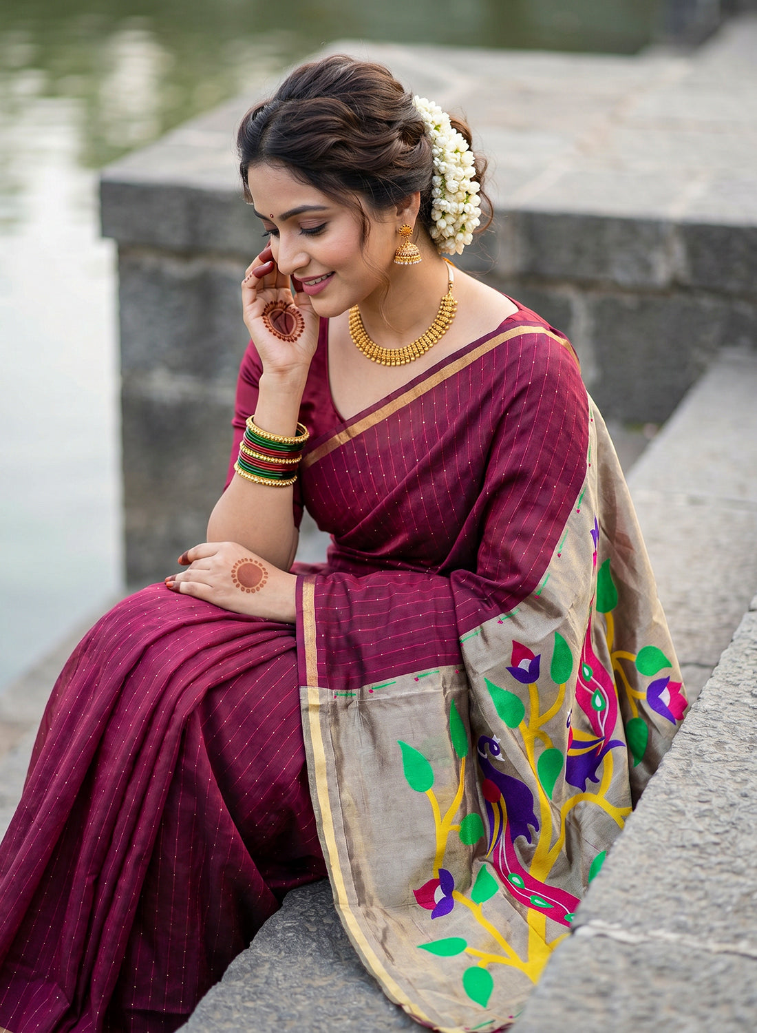 Women's Paithani Style Woven Linen Cotton Saree with Unstitched Blouse Piece.