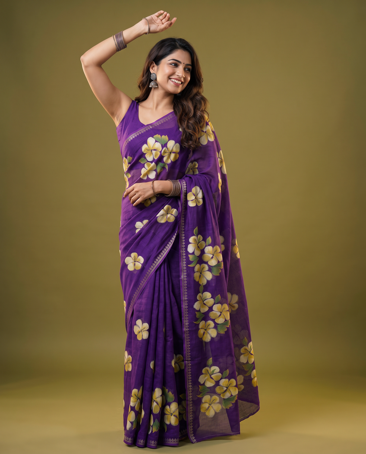 Women's Floral Hand Printed Dull Moss Saree with Unstitched Blouse Piece.