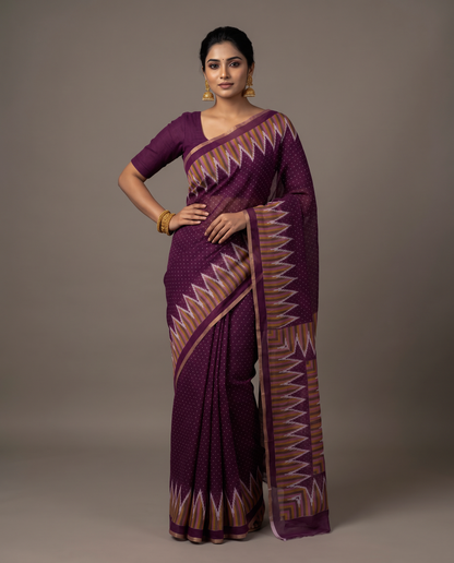 Women's Cotton Blend Ikat Print Saree with Unstitched Blouse Piece.