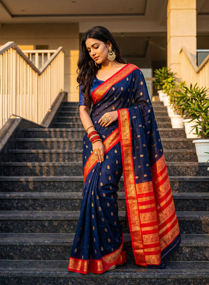 Women's Elegant Banarasi Kanjivaram silk and South Indian Gadwal Silk Cotton Handloom Saree Woven Design Ethnic Wear with Blouse Piece.