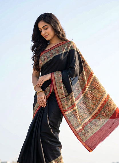 Women's Printed Silk Blend Saree with Unstitched Blouse Piece.