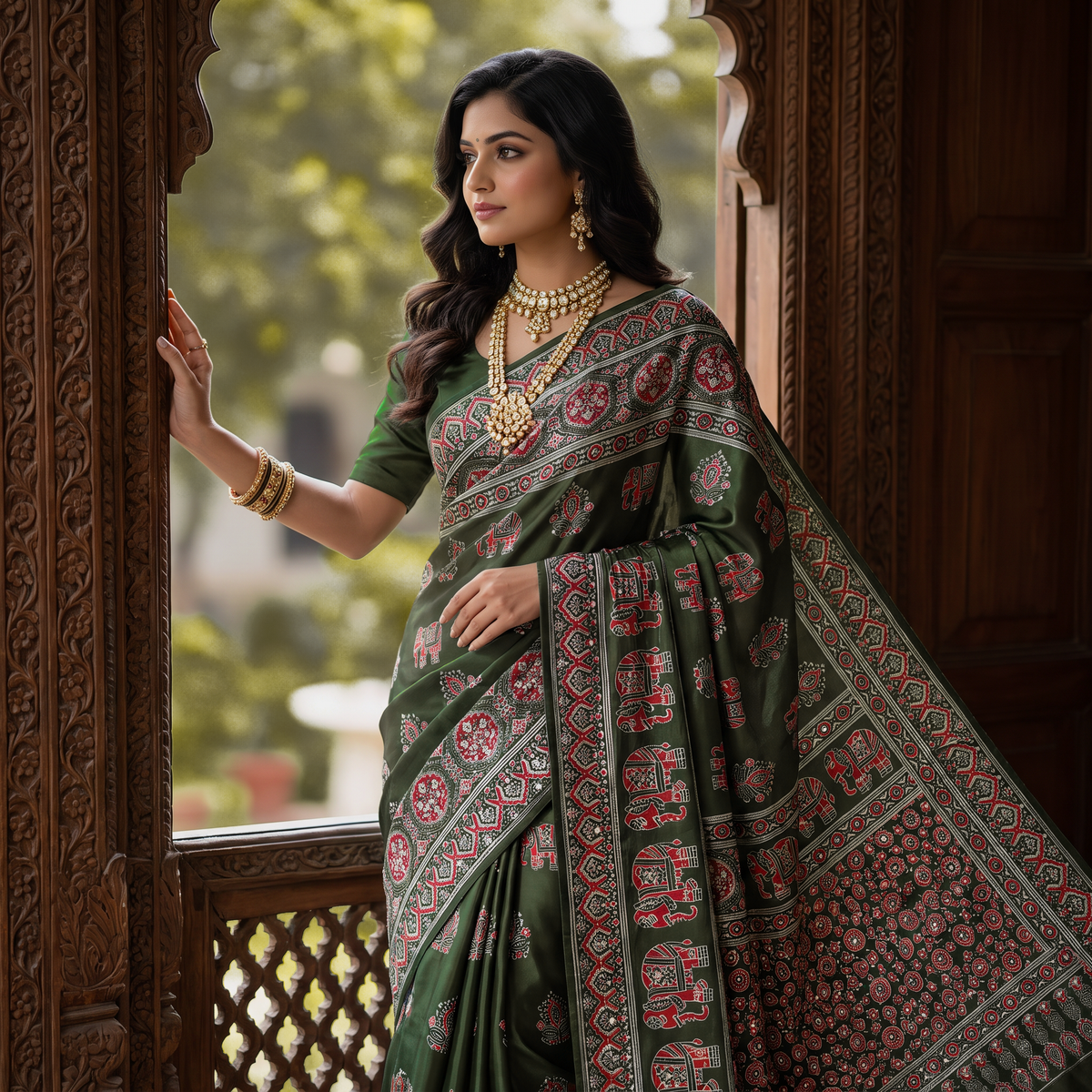 Shri Hari Sarees Women's Ethnic Ajrakh Mirror Printed Art Silk Saree with Unstitched Blouse Piece.