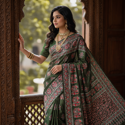 Shri Hari Sarees Women's Ethnic Ajrakh Mirror Printed Art Silk Saree with Unstitched Blouse Piece.
