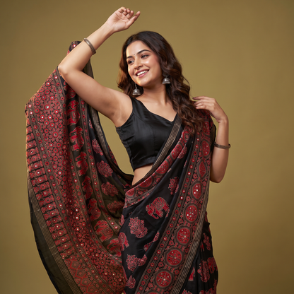 Shri Hari Sarees Women's Ethnic Ajrakh Mirror Printed Art Silk Saree with Unstitched Blouse Piece.