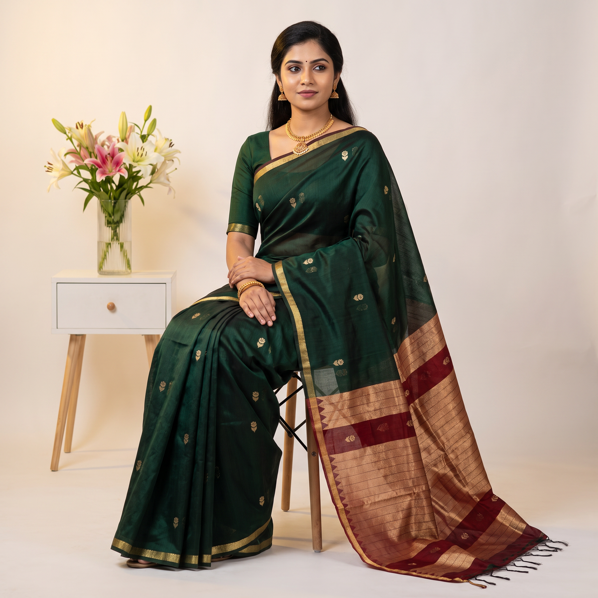 Women's Traditional Chanderi Cotton Linen Blend Saree with Zari Woven Border & Unstitched Blouse Piece.